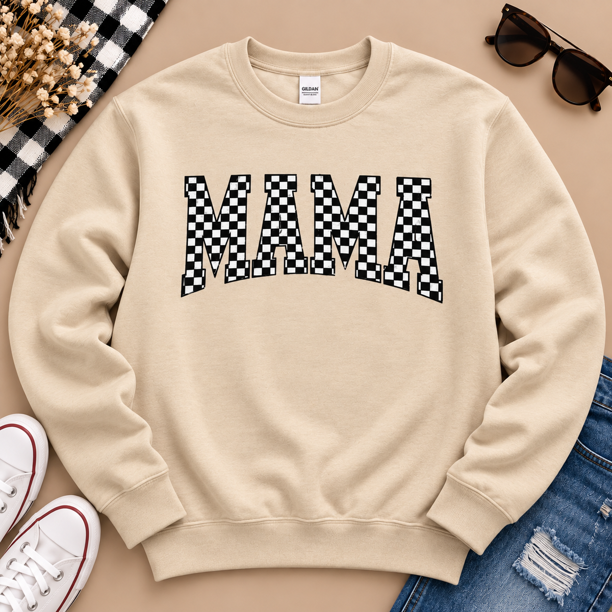 Checkered MAMA Gildan Crewneck Sweatshirt