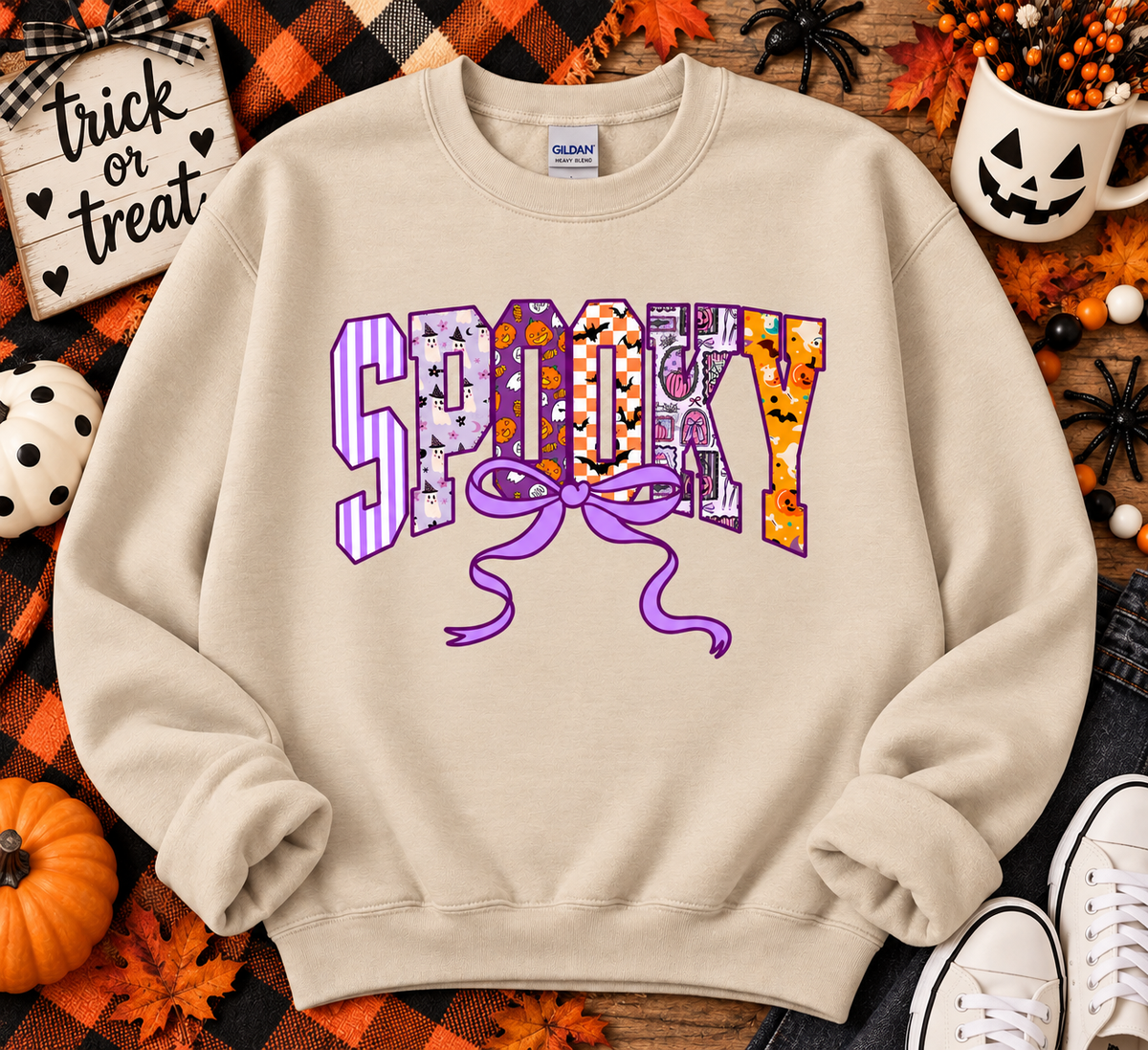 Patchwork Spooky Bow Halloween Gildan Crewneck Sweatshirt
