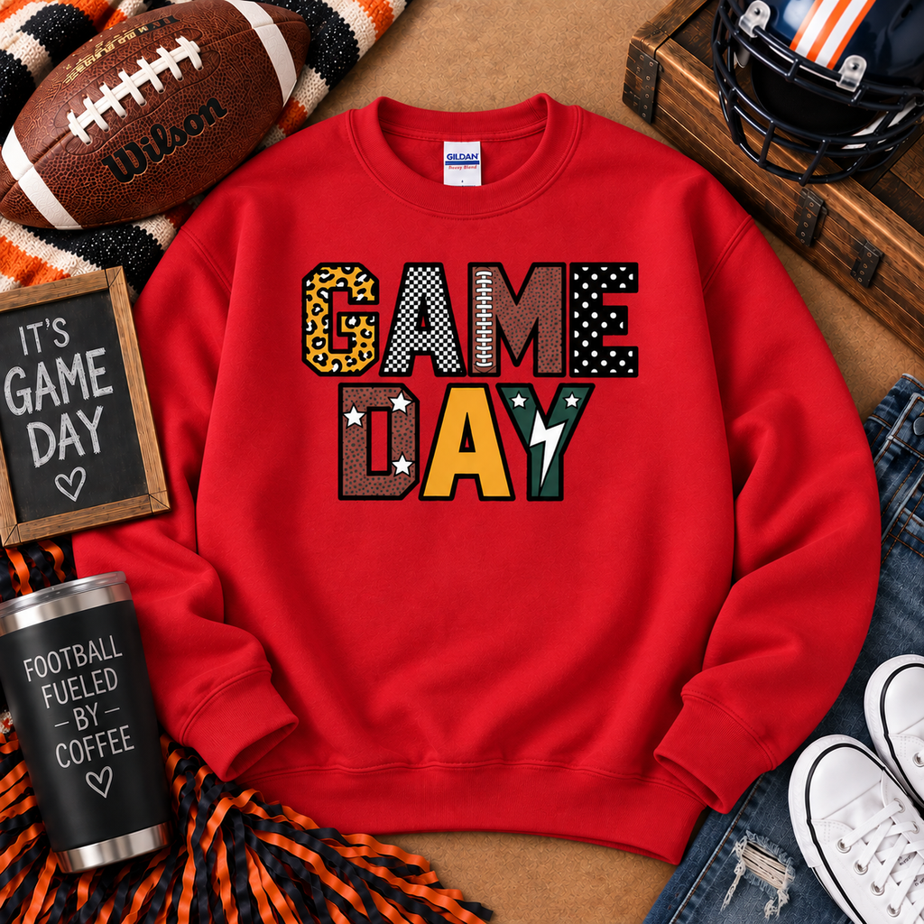 Patchwork Game Day Football Gildan Crewneck Sweatshirt