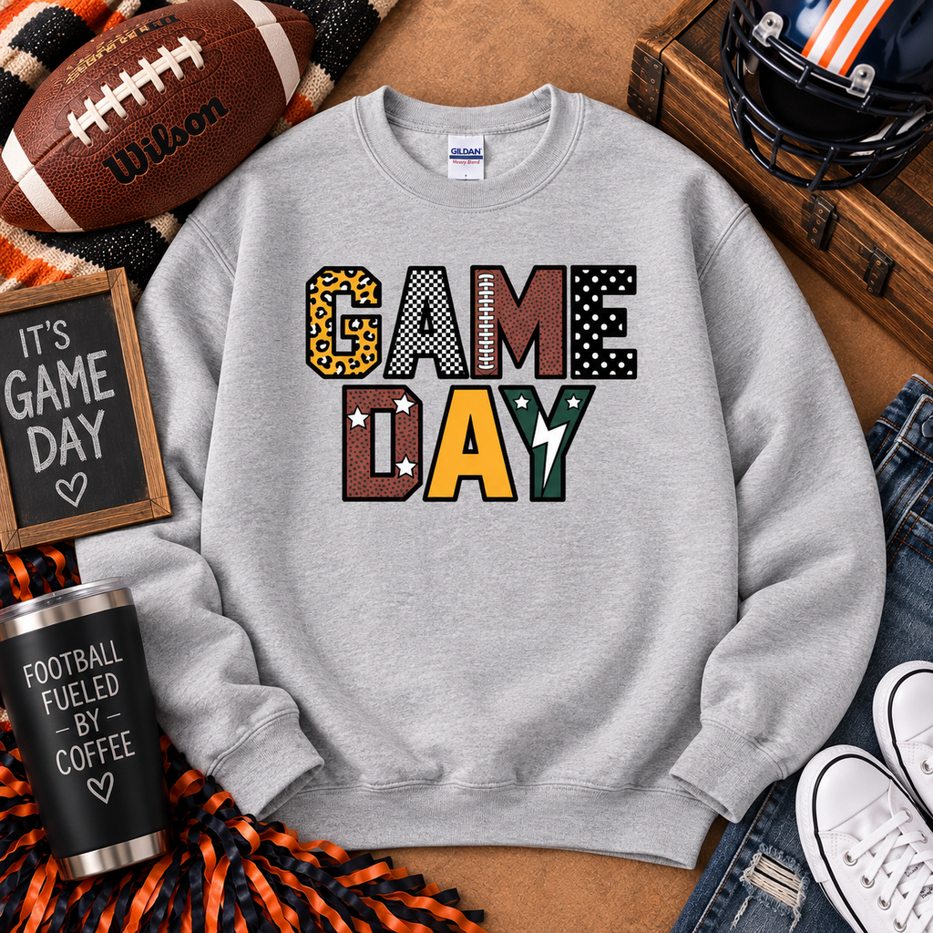 Patchwork Game Day Football Gildan Crewneck Sweatshirt