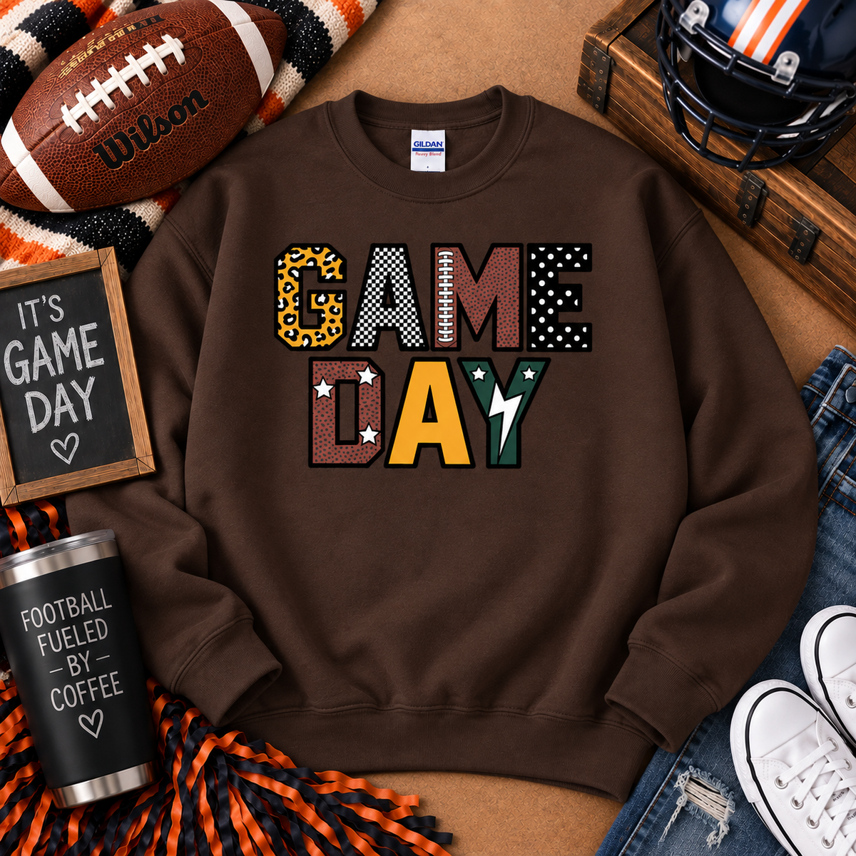 Patchwork Game Day Football Gildan Crewneck Sweatshirt