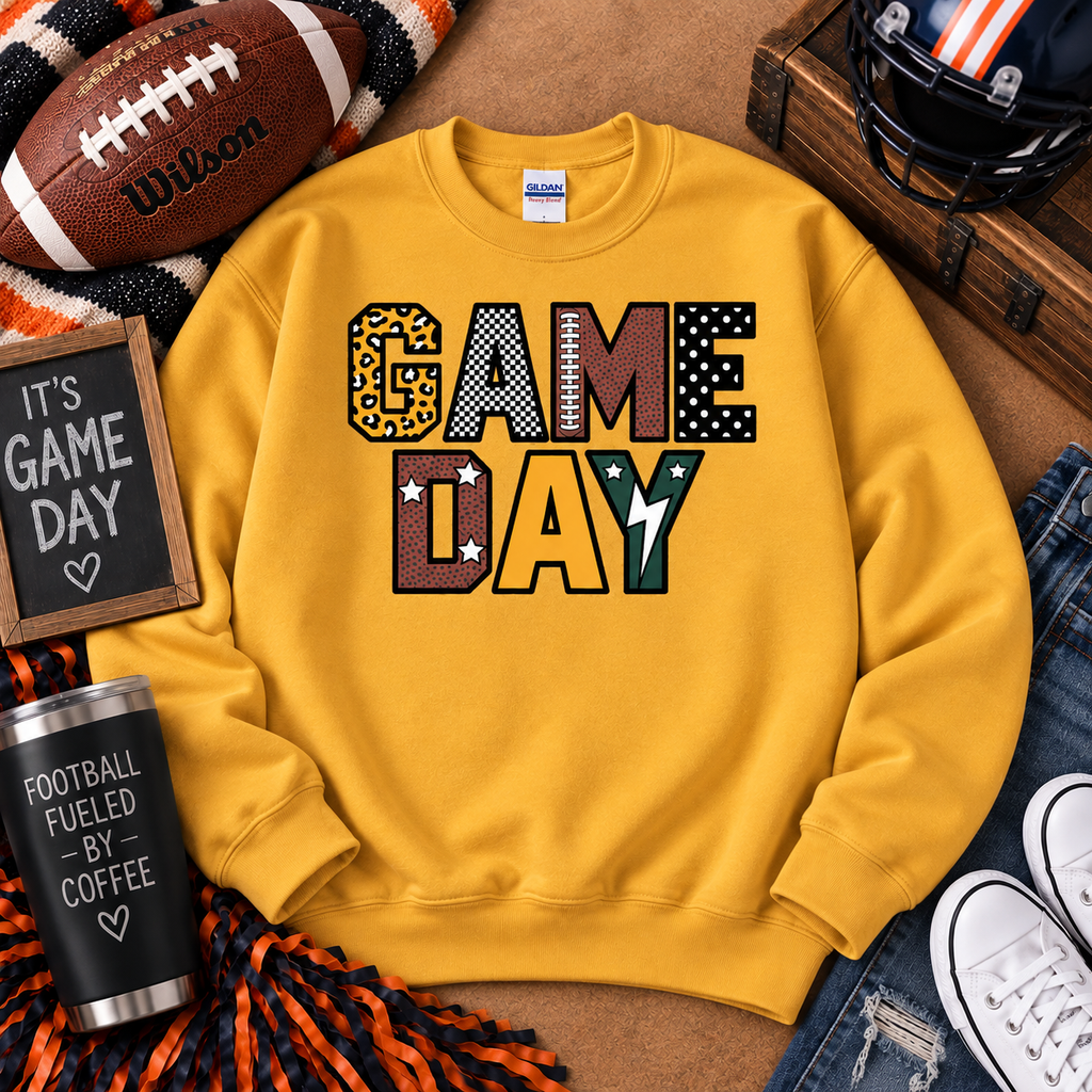 Patchwork Game Day Football Gildan Crewneck Sweatshirt