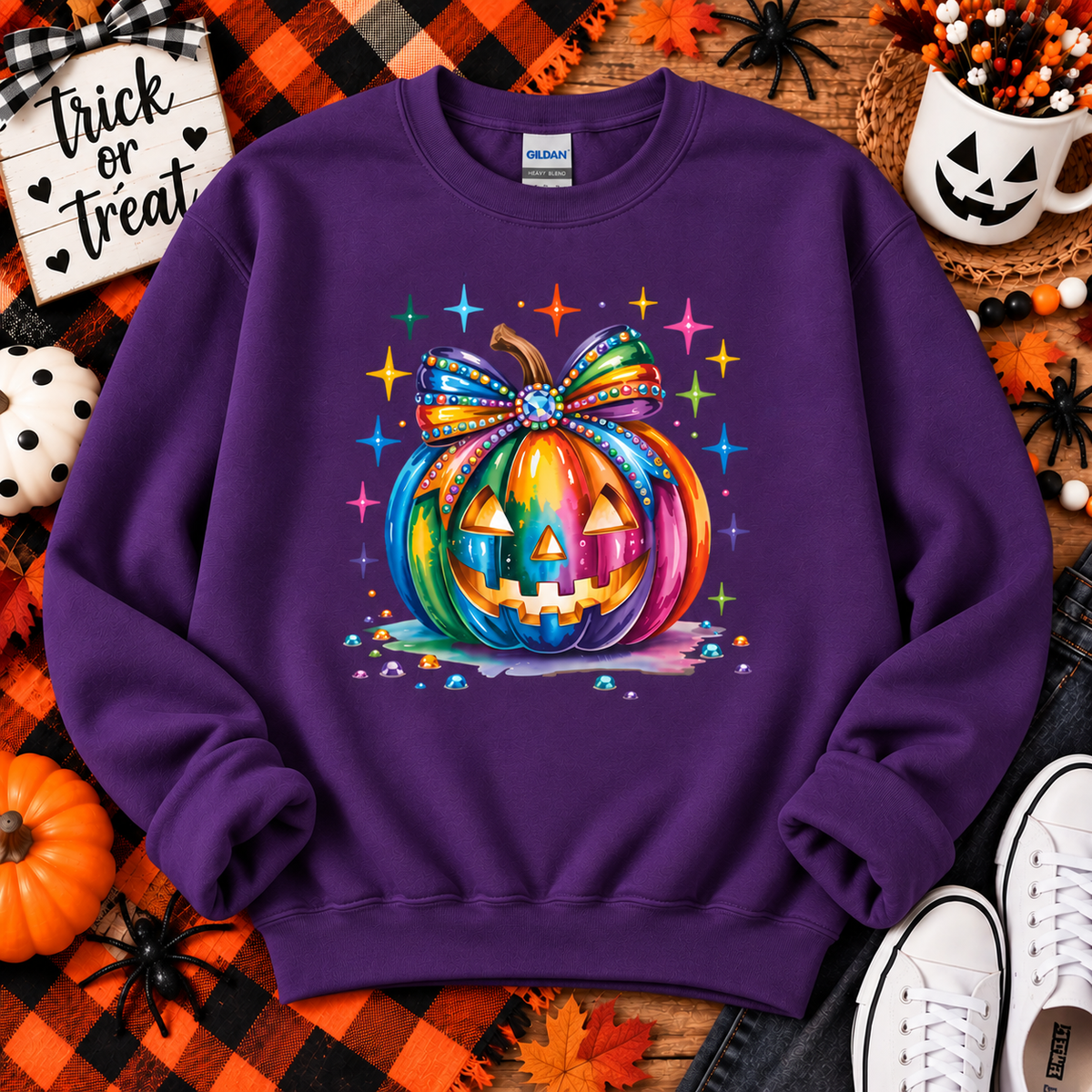Rainbow Bow Jack-O’-Lantern Halloween Crewneck Sweatshirt