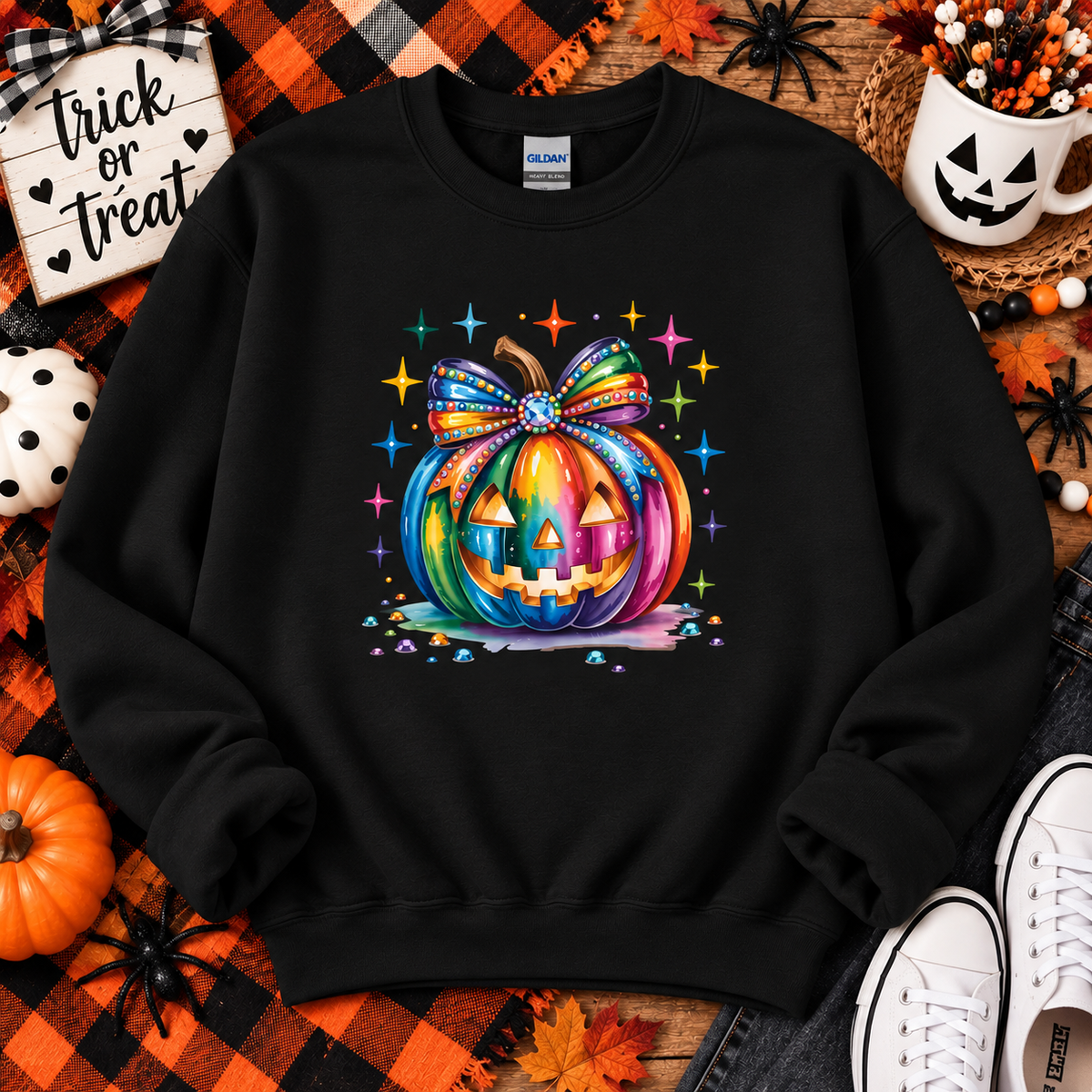 Rainbow Bow Jack-O’-Lantern Halloween Crewneck Sweatshirt