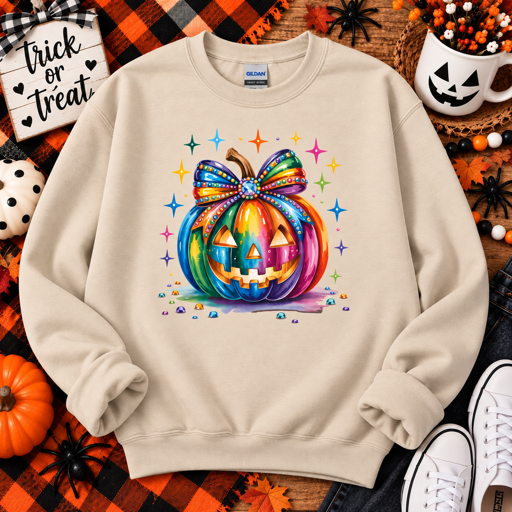 Rainbow Bow Jack-O’-Lantern Halloween Crewneck Sweatshirt