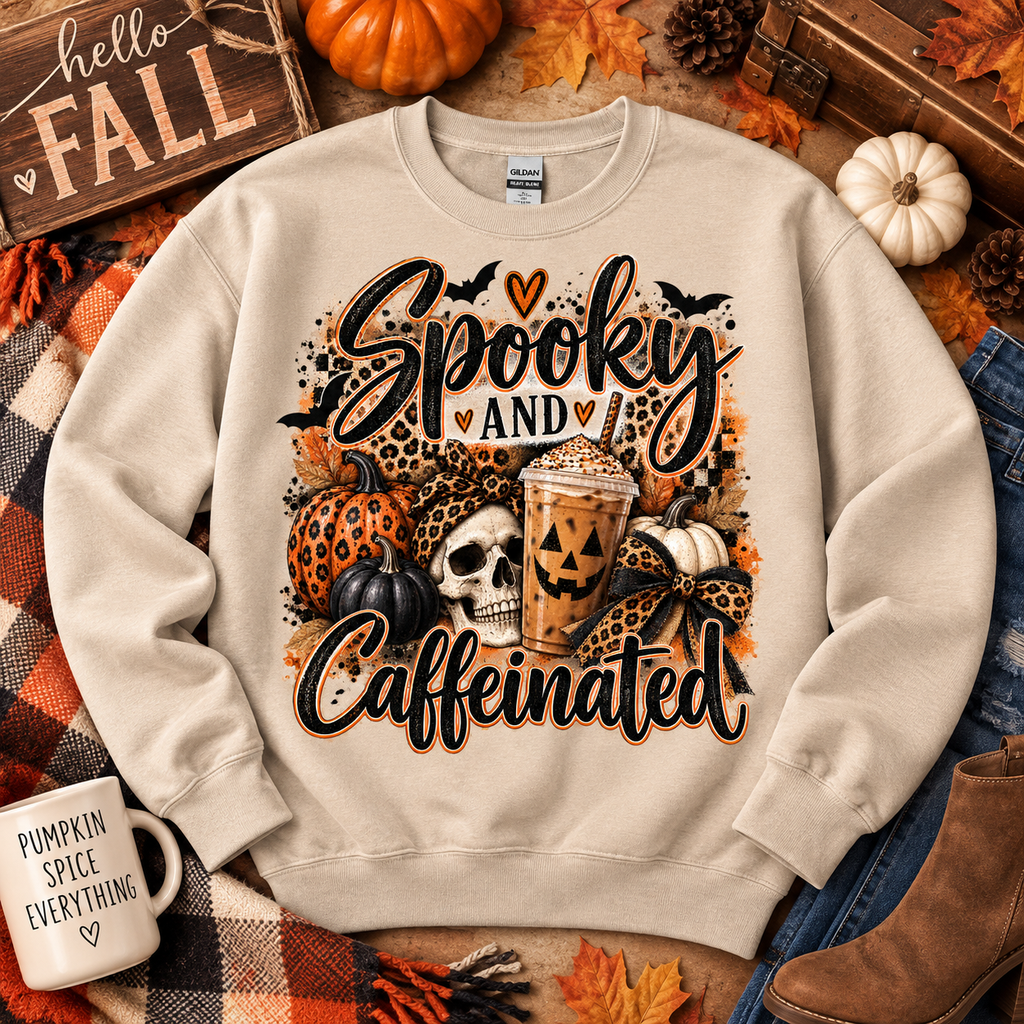 Spooky and Caffeinated Halloween Gildan Crewneck Sweatshirt