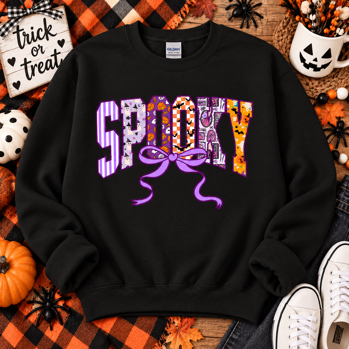 Patchwork Spooky Bow Halloween Gildan Crewneck Sweatshirt