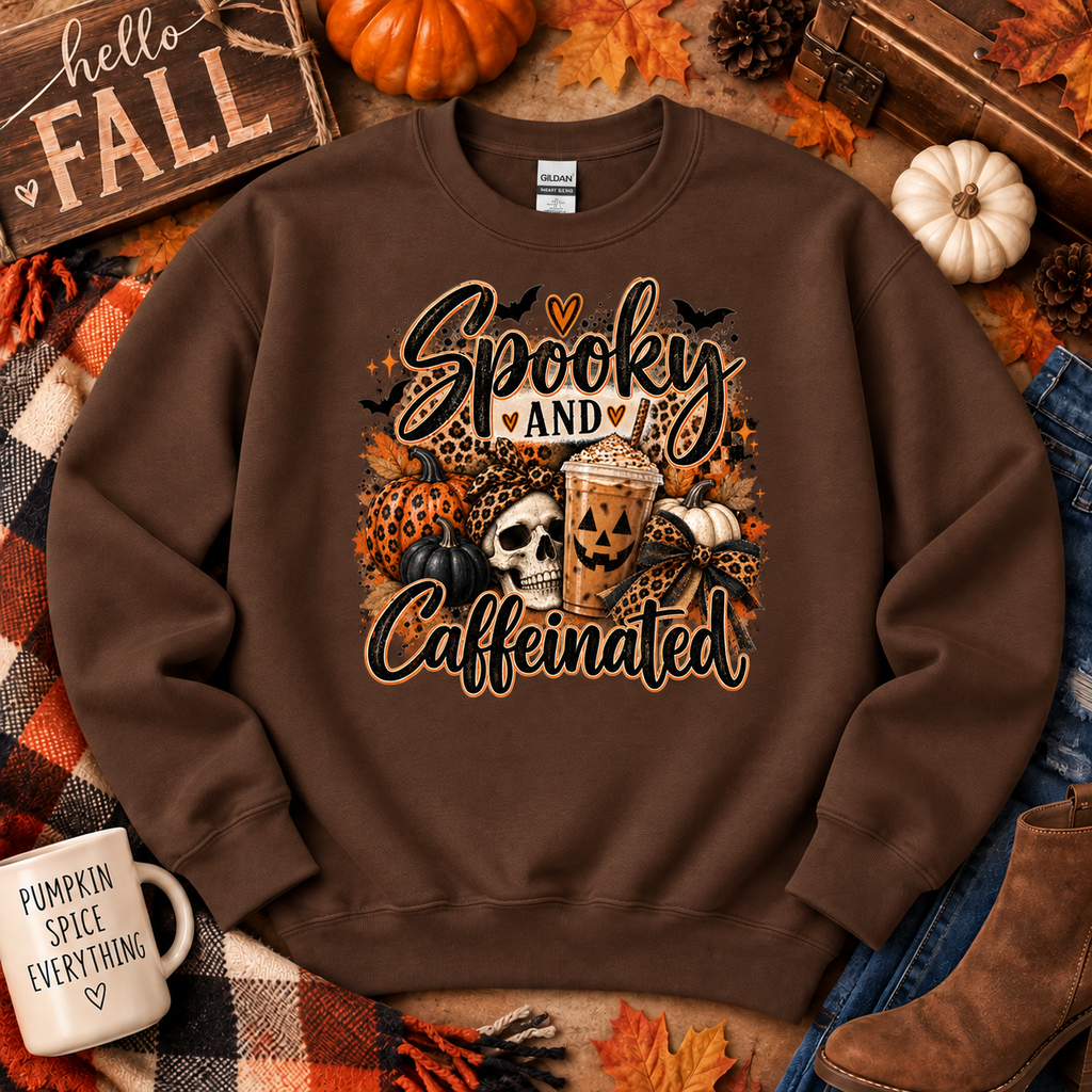 Spooky and Caffeinated Halloween Gildan Crewneck Sweatshirt