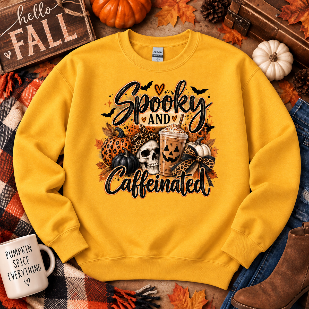 Spooky and Caffeinated Halloween Gildan Crewneck Sweatshirt