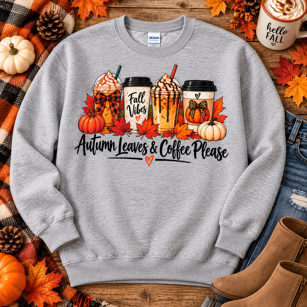 Autumn Leaves and Coffee Please Gray crewneck