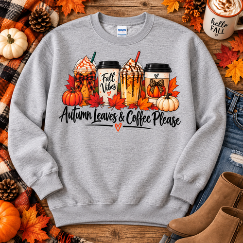 Autumn Leaves and Coffee Please Gray crewneck