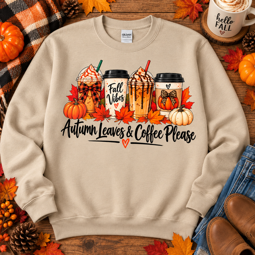 Autumn Leaves and Coffee Please Sand crewneck