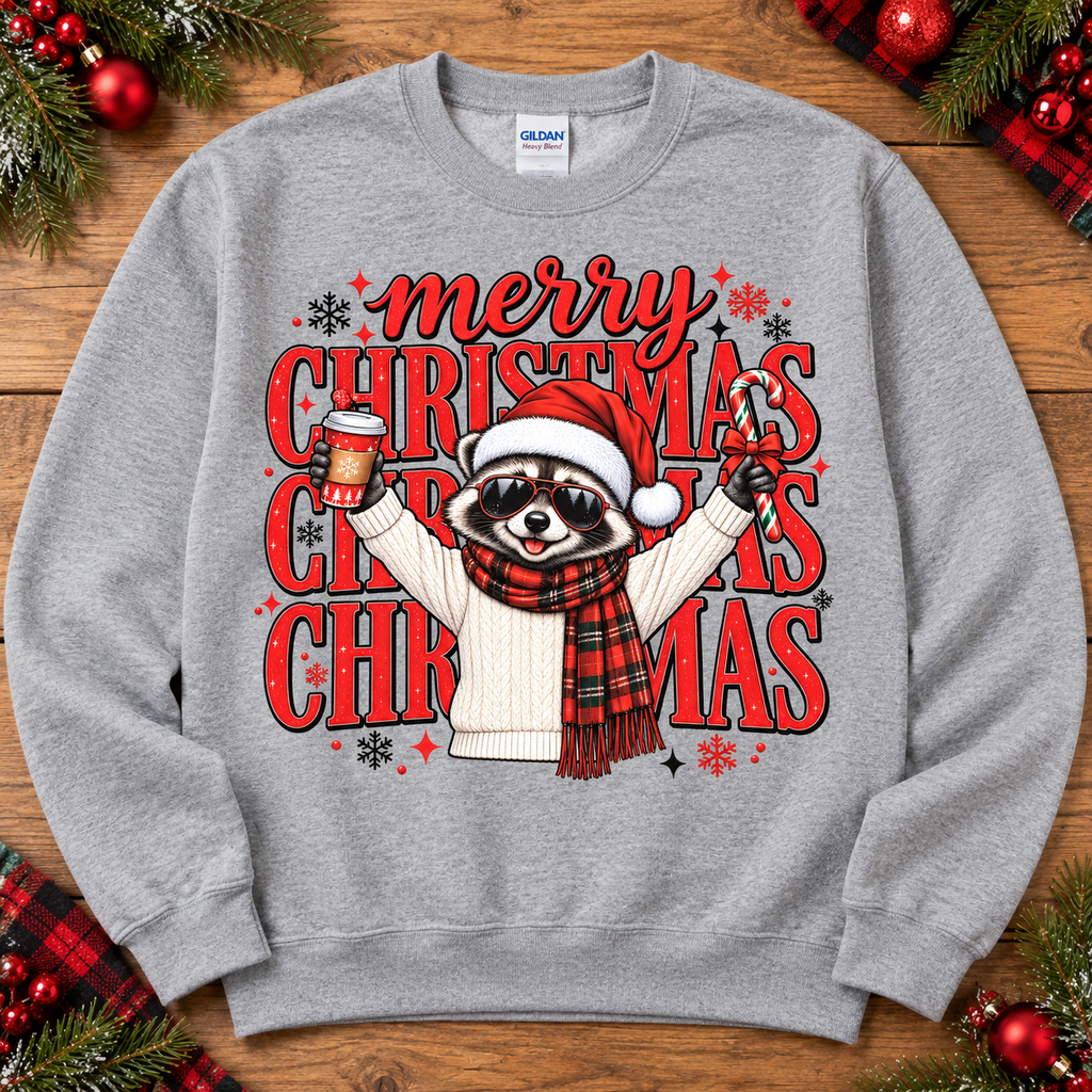 Merry Christmas raccoon design on athletic gray crewneck