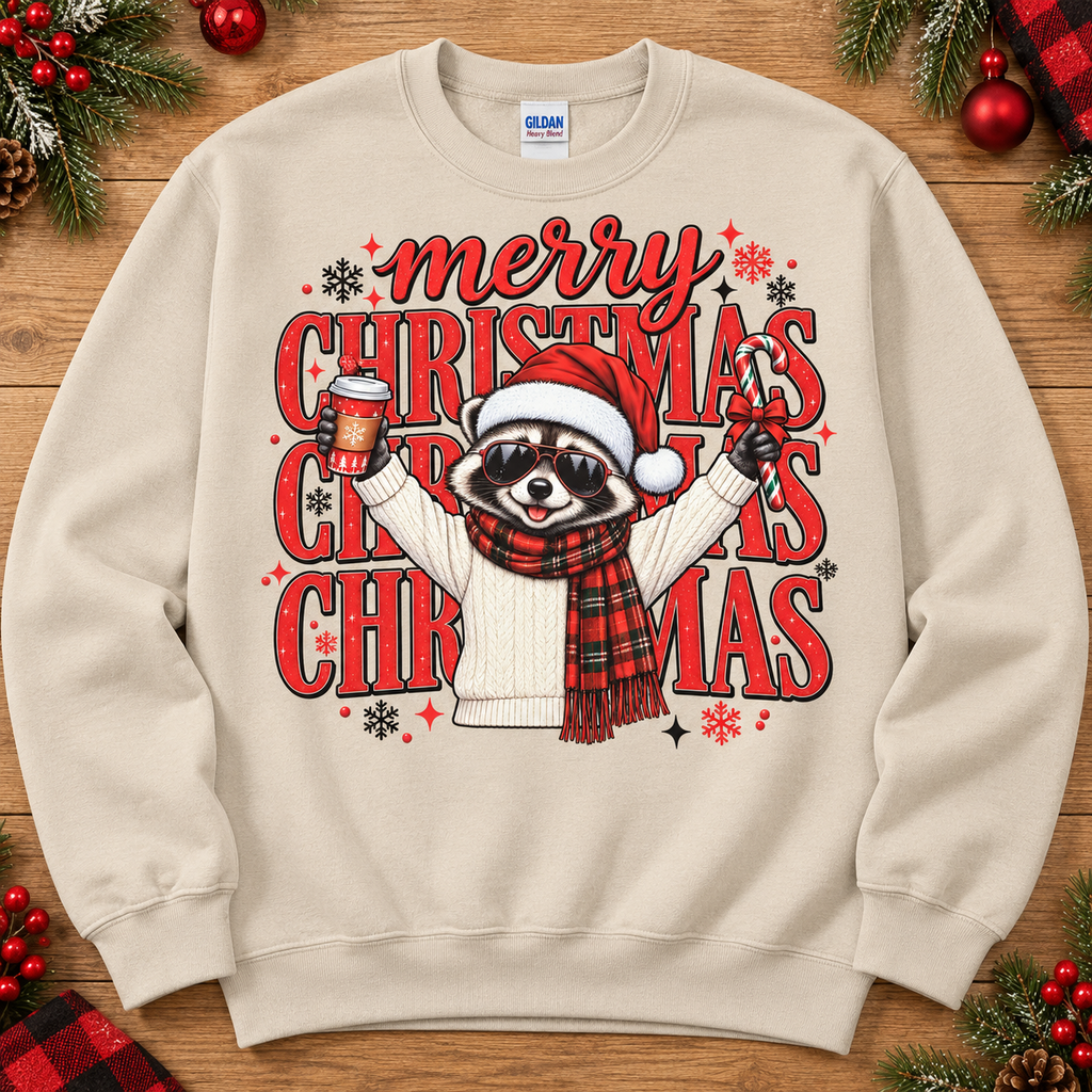 Merry Christmas raccoon design on sand crewneck