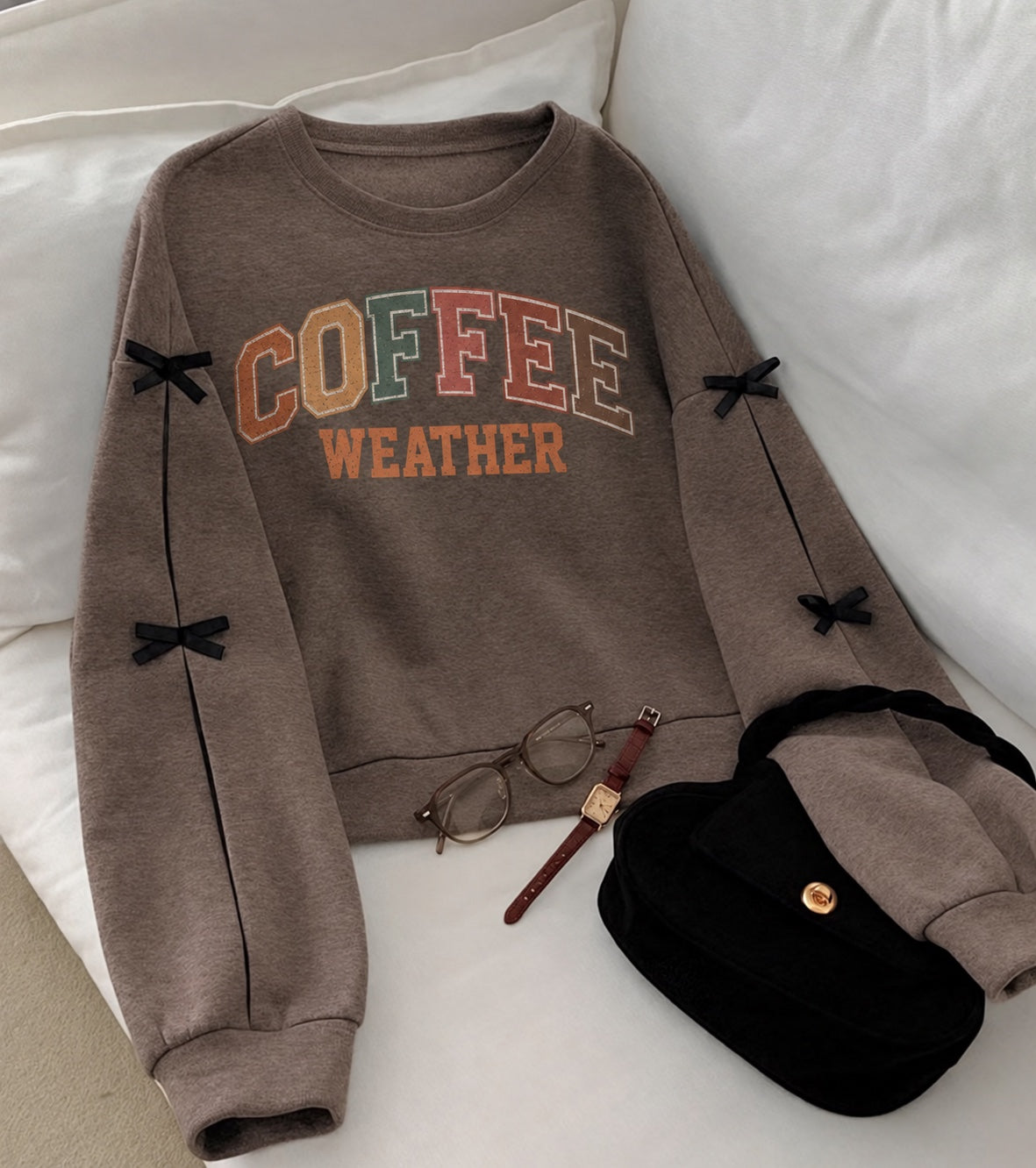 Coffee Weather brown cropped bow crewneck sweatshirt