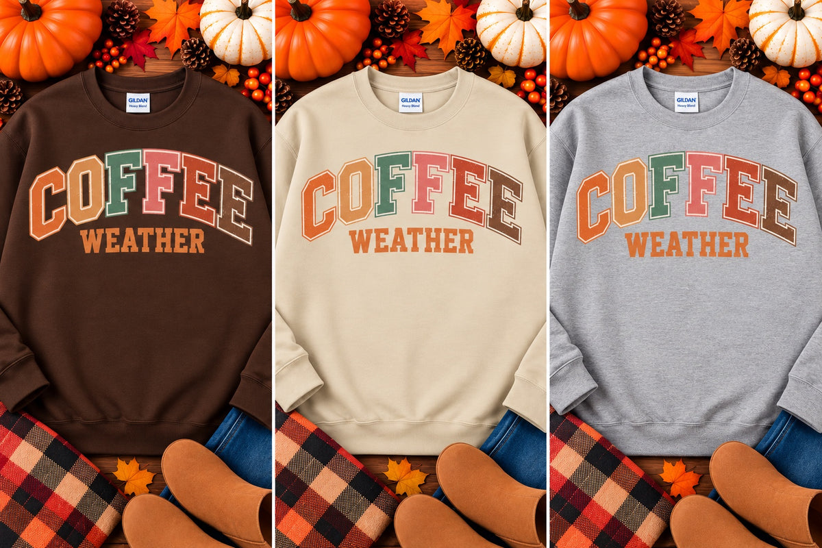 Coffee Weather fall crewneck sweatshirt in chocolate, sand, and gray