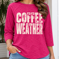 Pink three-quarter sleeve shirt with distressed cream Coffee Weather design