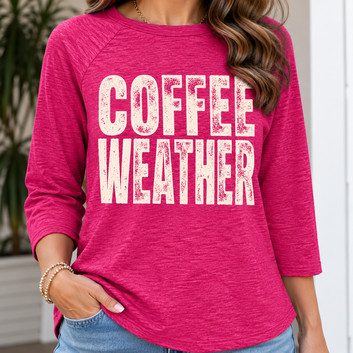 Pink three-quarter sleeve shirt with distressed cream Coffee Weather design