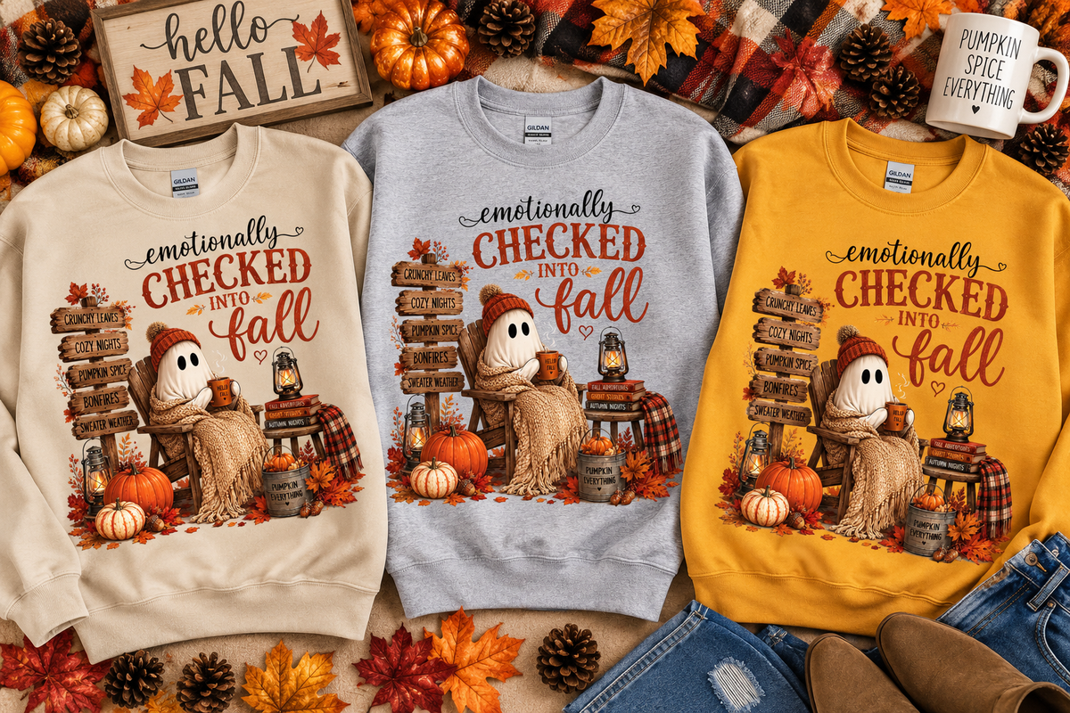 Emotionally Checked Into Fall crewneck sweatshirt in sand, gray, and gold