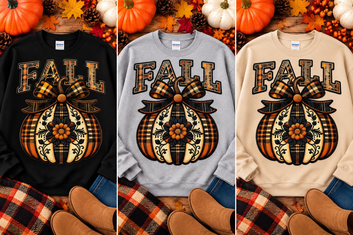 FALL plaid pumpkin bow crewneck sweatshirt in black, gray, and sand
