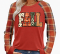 Rust orange plaid sleeve fall shirt with FALL graphic