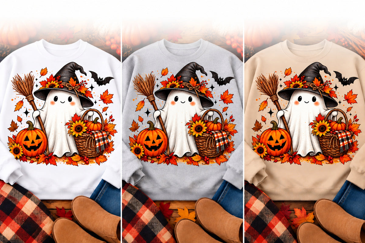 Fall witch ghost Halloween crewneck sweatshirt in white, gray, and sand