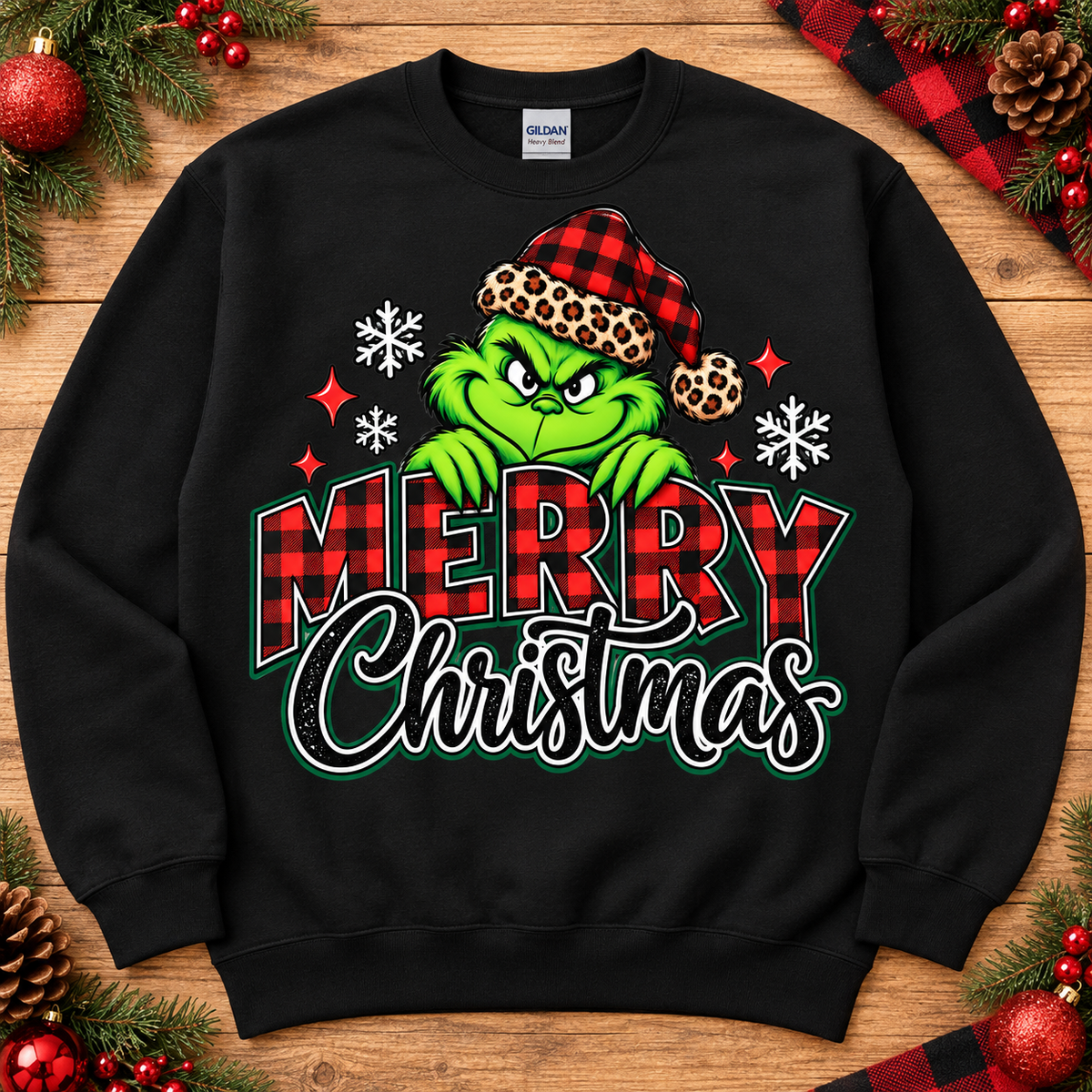Grinch Merry Christmas plaid and leopard design on black crewneck
