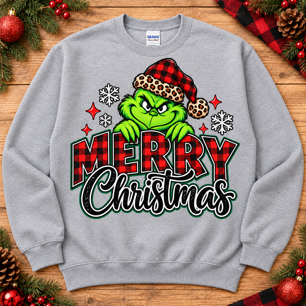 Grinch Merry Christmas plaid and leopard design on athletic gray crewneck