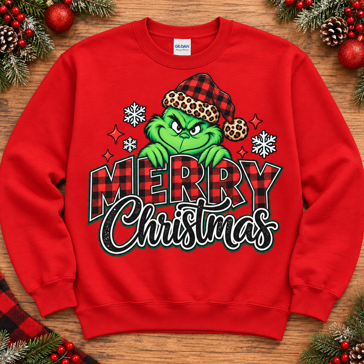 Grinch Merry Christmas plaid and leopard design on red crewneck