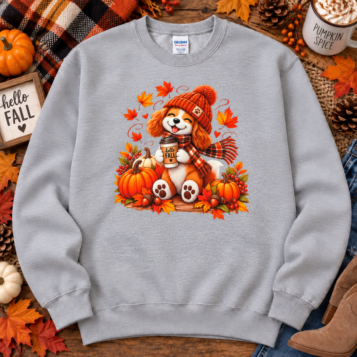 Hello Fall puppy crewneck in Gray