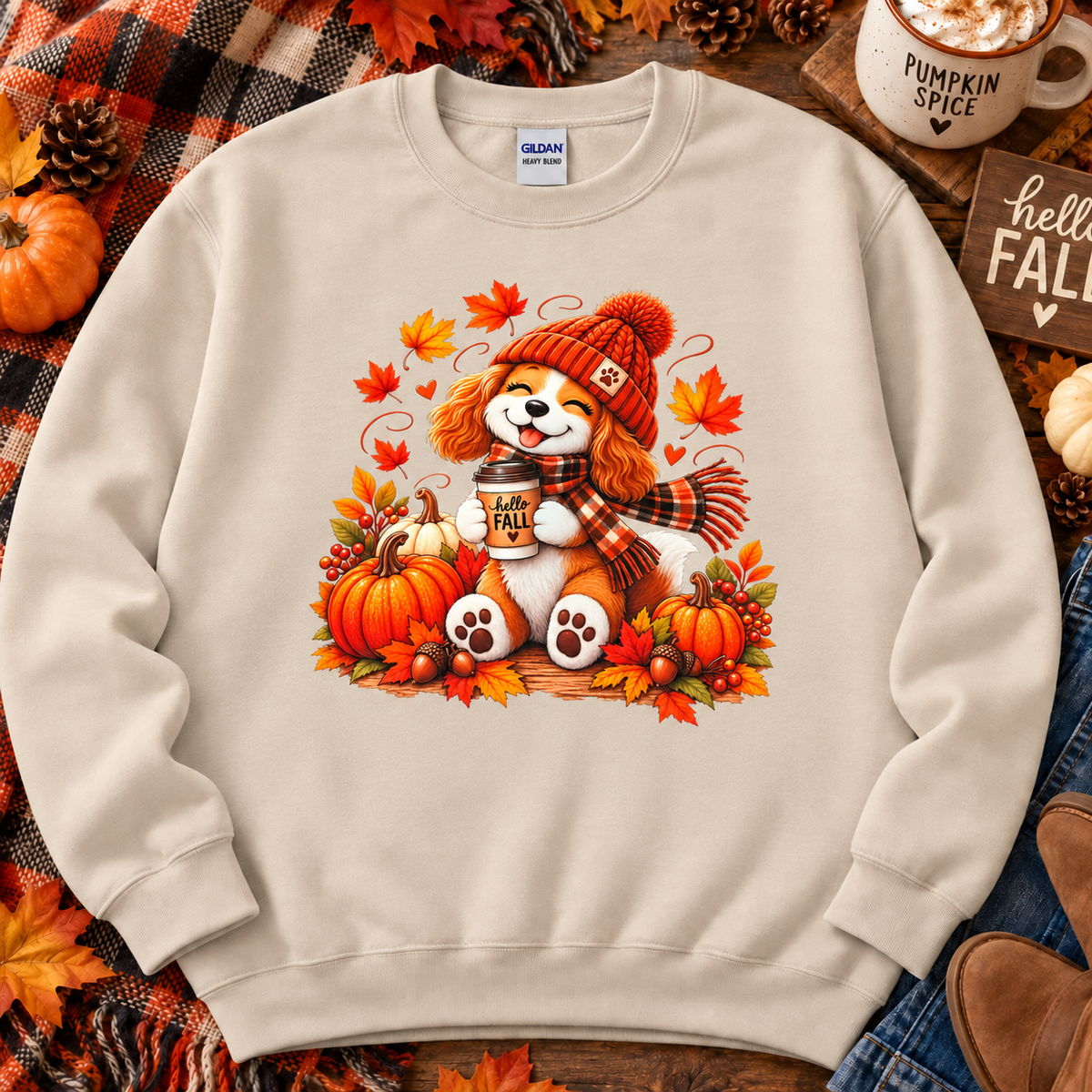 Hello Fall puppy crewneck in Sand