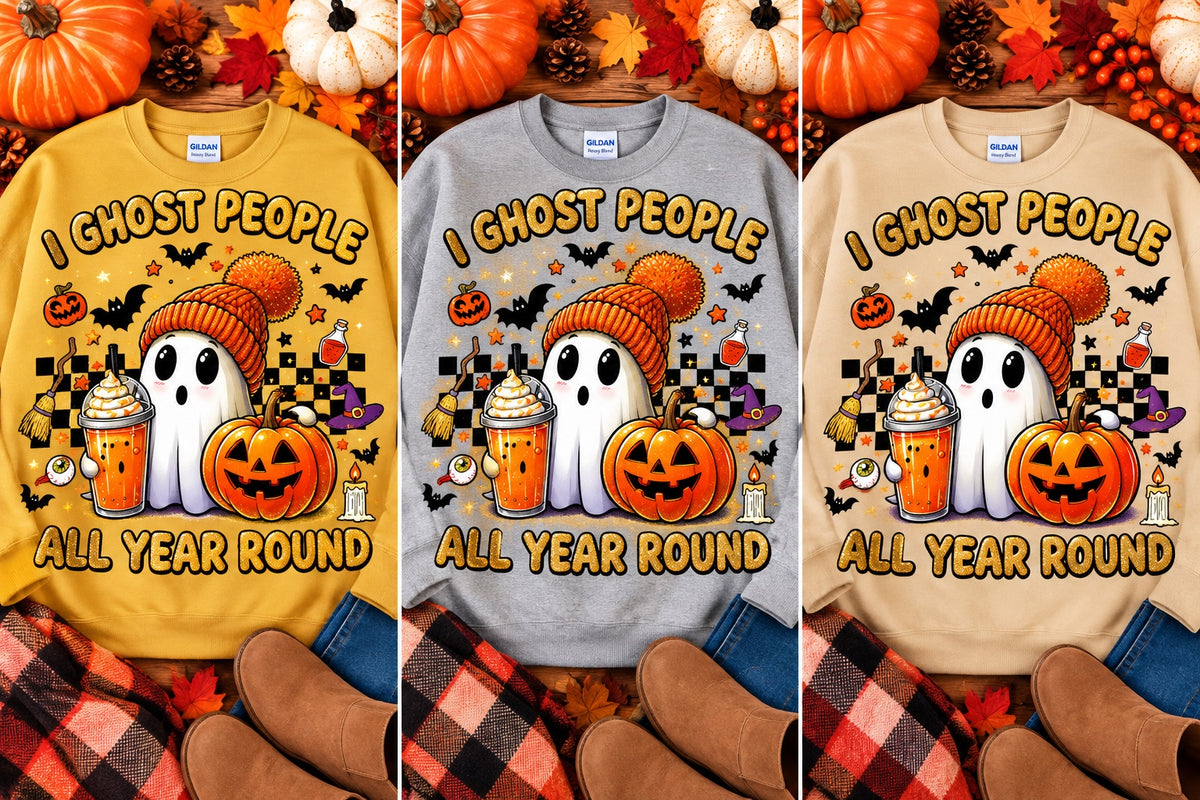 I Ghost People All Year Round crewneck sweatshirt in gold, gray, and sand