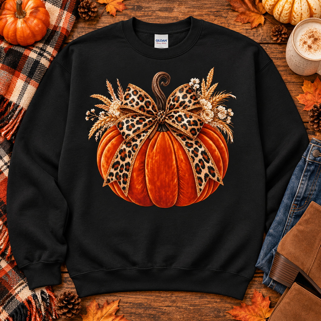 Leopard bow pumpkin Black crewneck