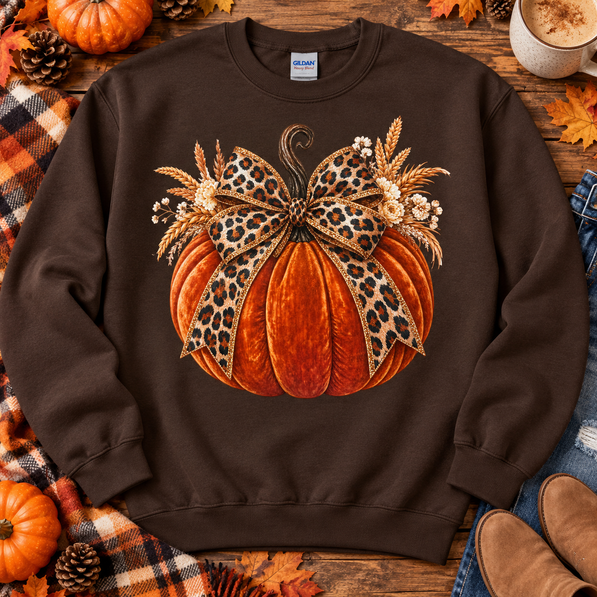 Leopard bow pumpkin Chocolate crewneck