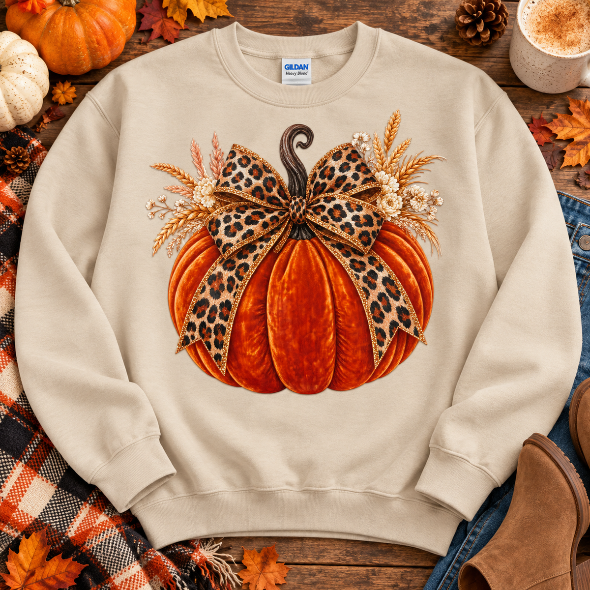 Leopard bow pumpkin Sand crewneck