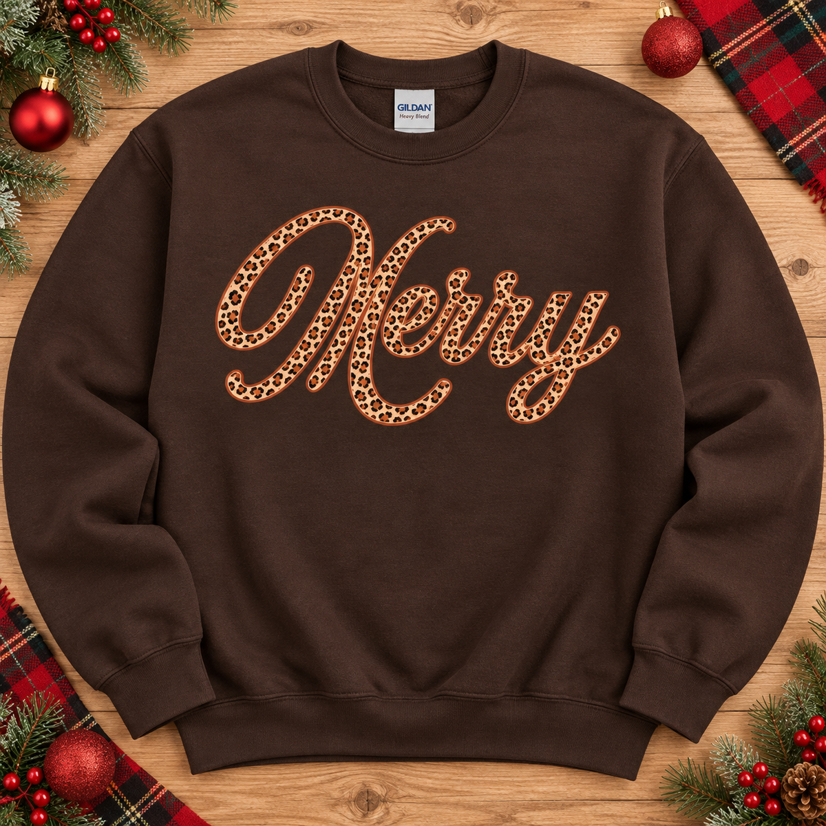 Chocolate brown crewneck with leopard print Merry script