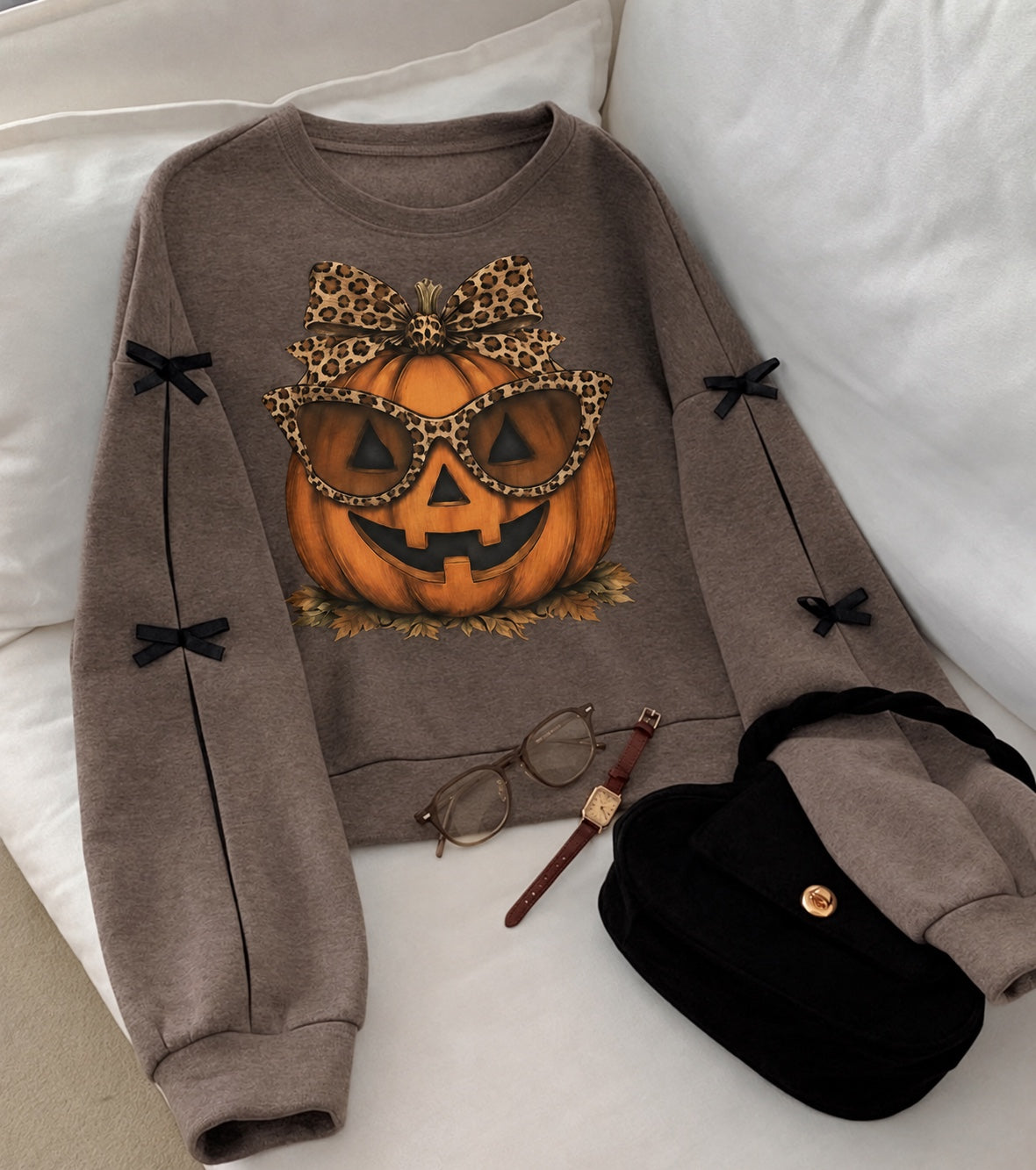 Leopard pumpkin brown cropped bow crewneck sweatshirt