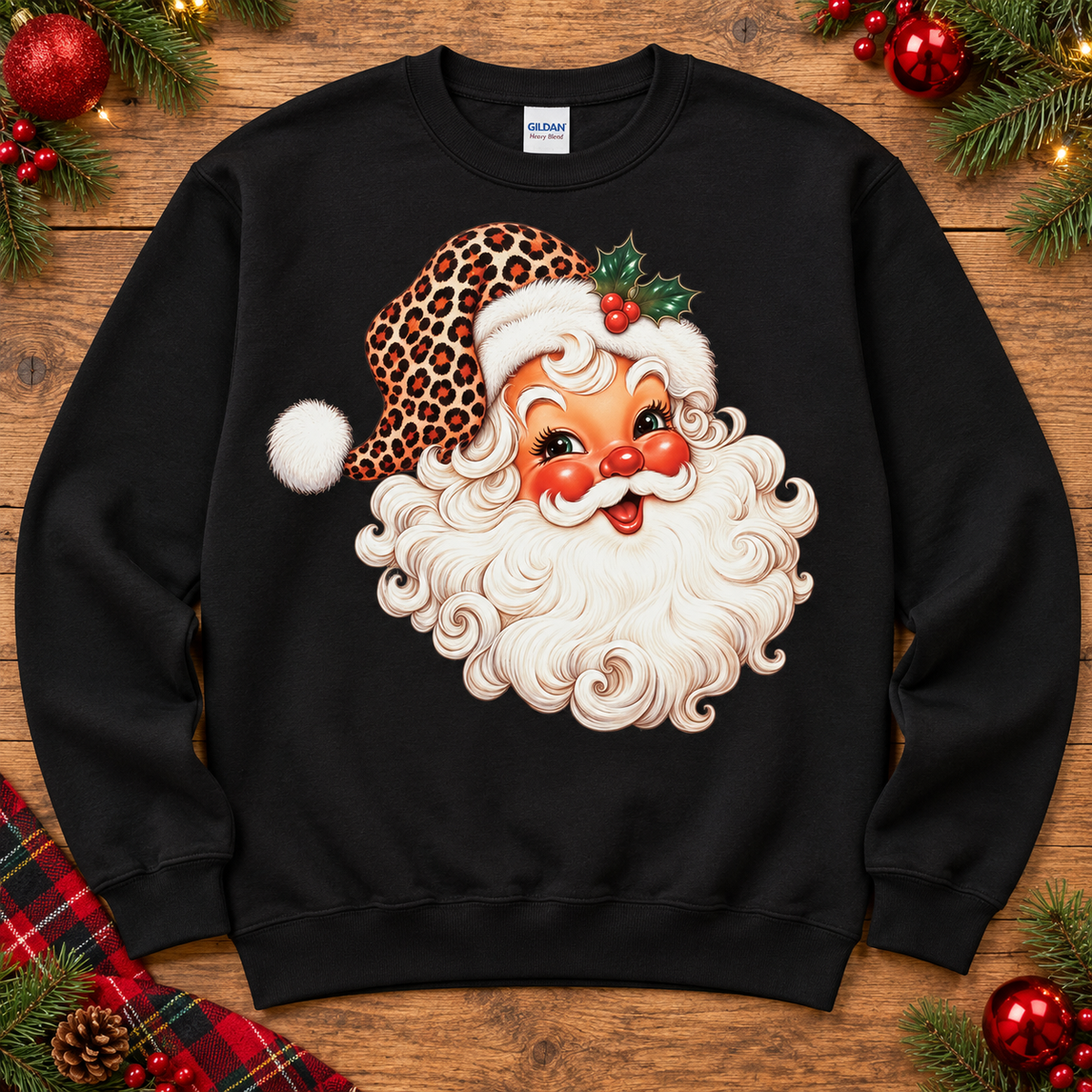 Vintage leopard Santa on black crewneck