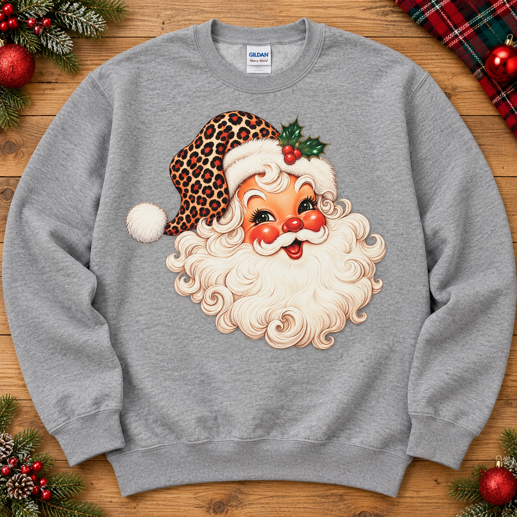 Vintage leopard Santa on athletic gray crewneck