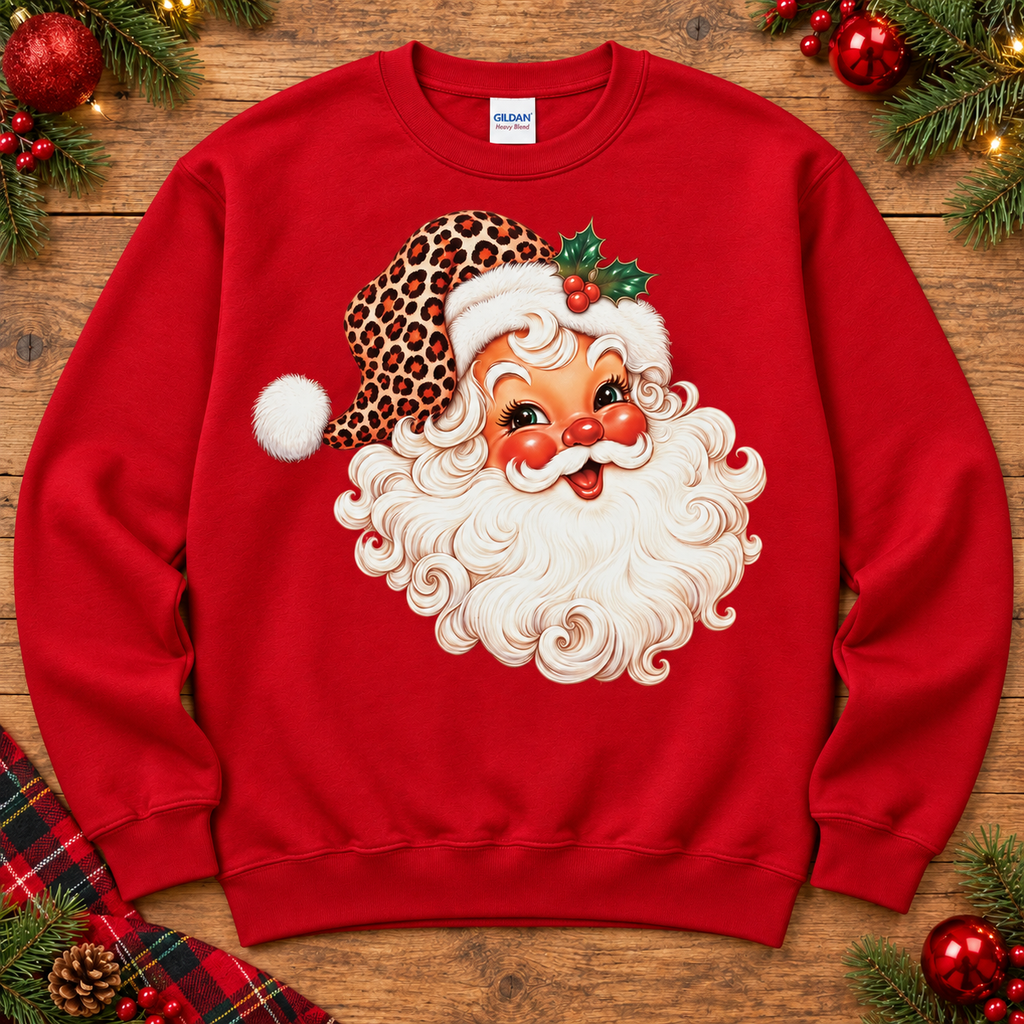 Vintage leopard Santa on red crewneck