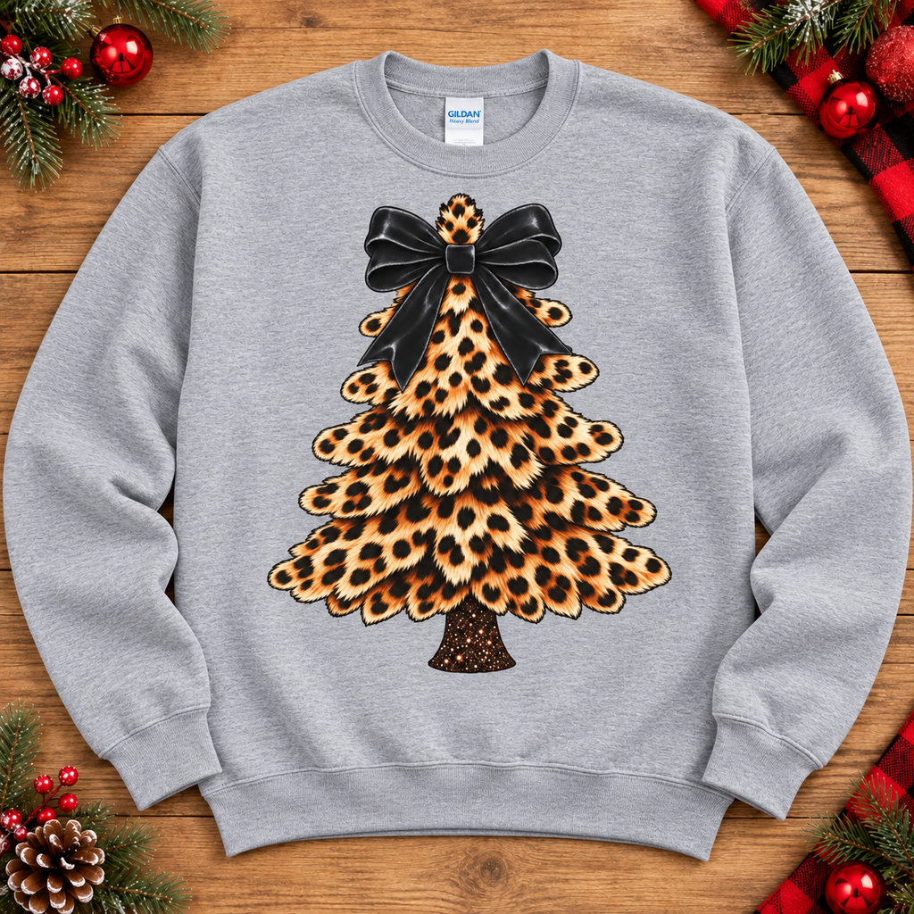 Leopard Christmas tree with black bow on athletic gray crewneck