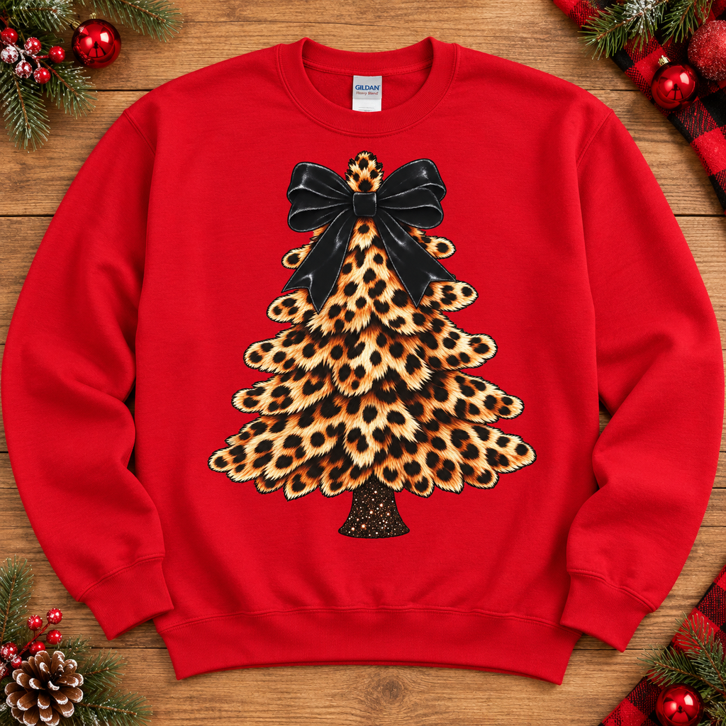 Leopard Christmas tree with black bow on red crewneck