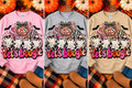 Let's Boogie Halloween crewneck sweatshirt in pink, gray, and sand