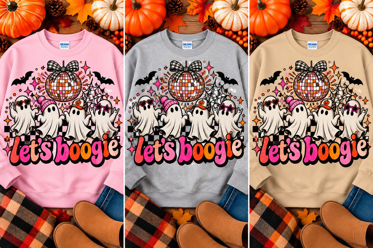 Let's Boogie Halloween crewneck sweatshirt in pink, gray, and sand