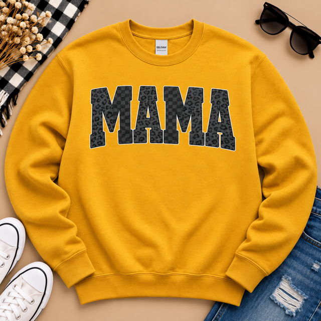 Mama Leopard & Checkered Gildan Crewneck Sweatshirt