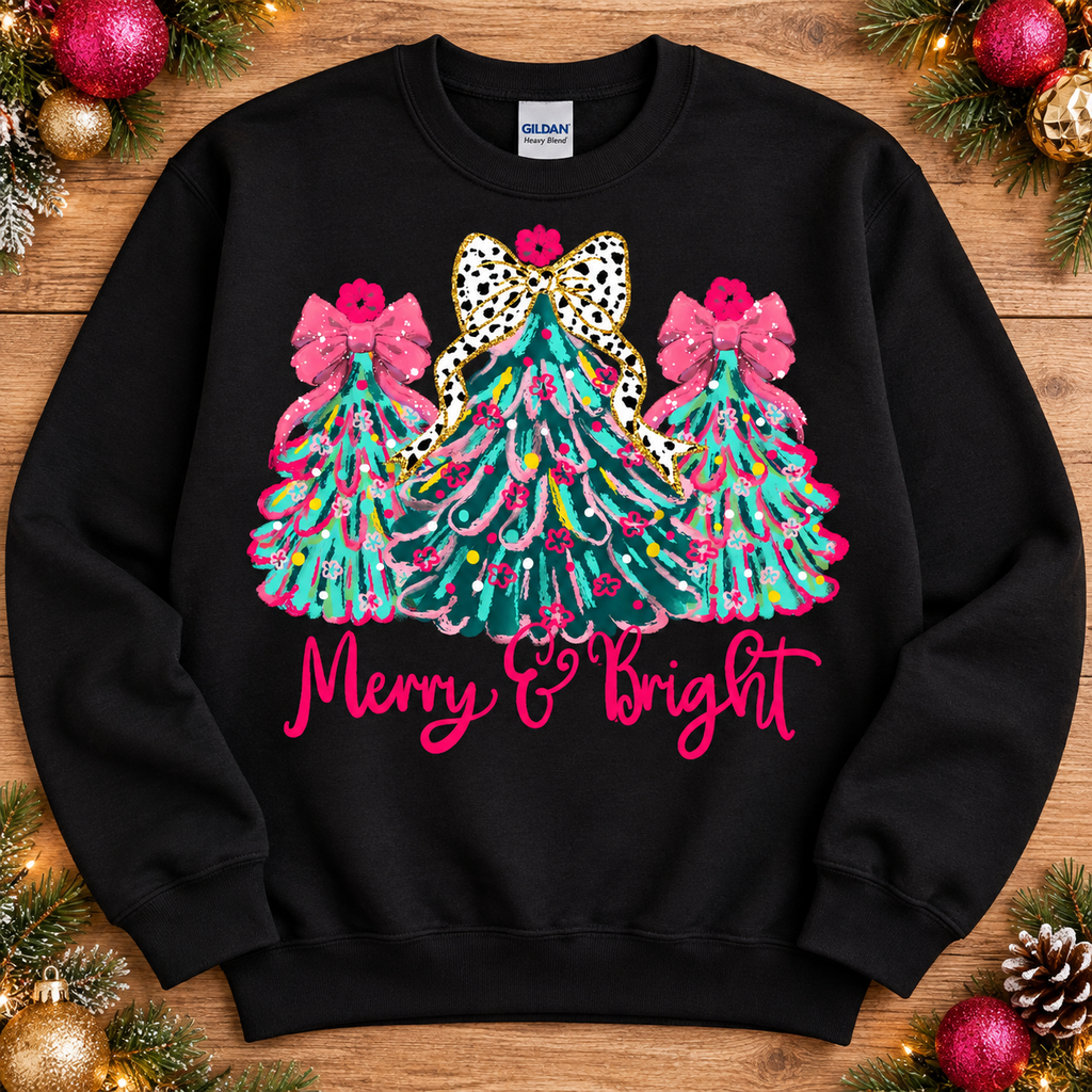 Merry and Bright Christmas trees black crewneck