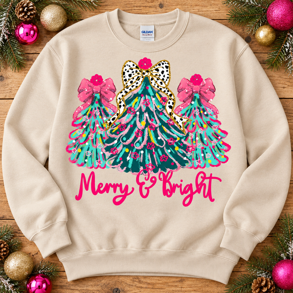 Merry and Bright Christmas trees sand crewneck
