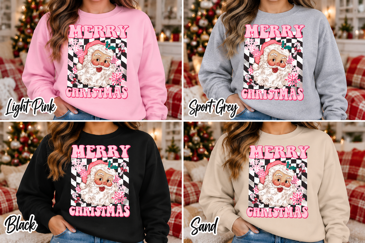 Merry Christmas Santa crewneck color options in light pink, sport grey, black, and sand