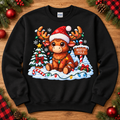 North Pole reindeer Christmas design on black crewneck