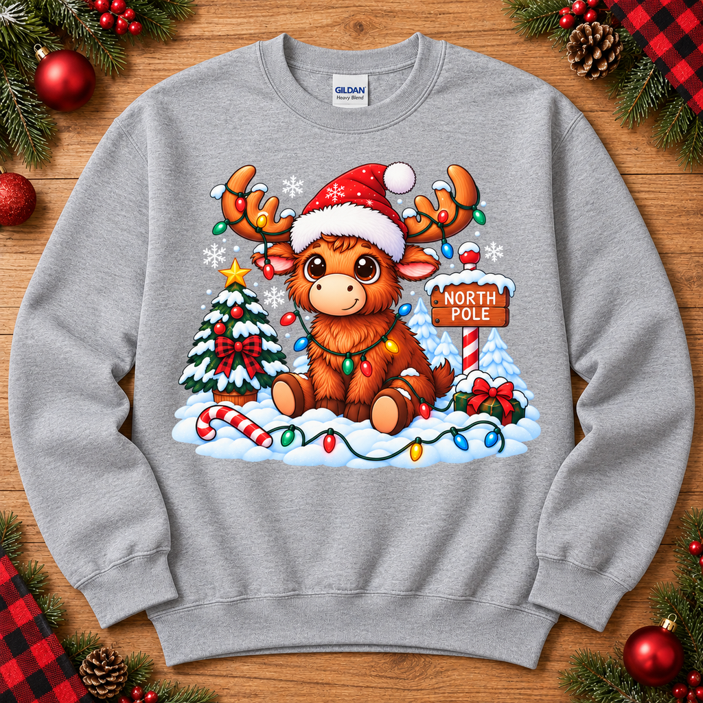 North Pole reindeer Christmas design on athletic gray crewneck